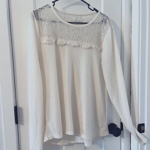 Lucky Brand Womens Cream Lace Thermal waffle knit Long Sleeve Top Large